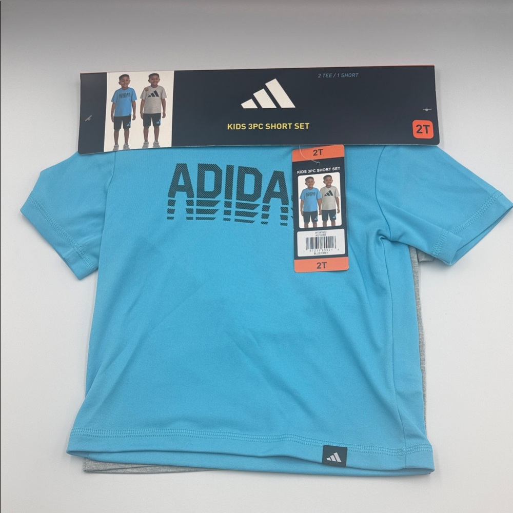 Adidas 3 piece short set Kids Blue Gray Shirt  Sleeve And Short  2T New